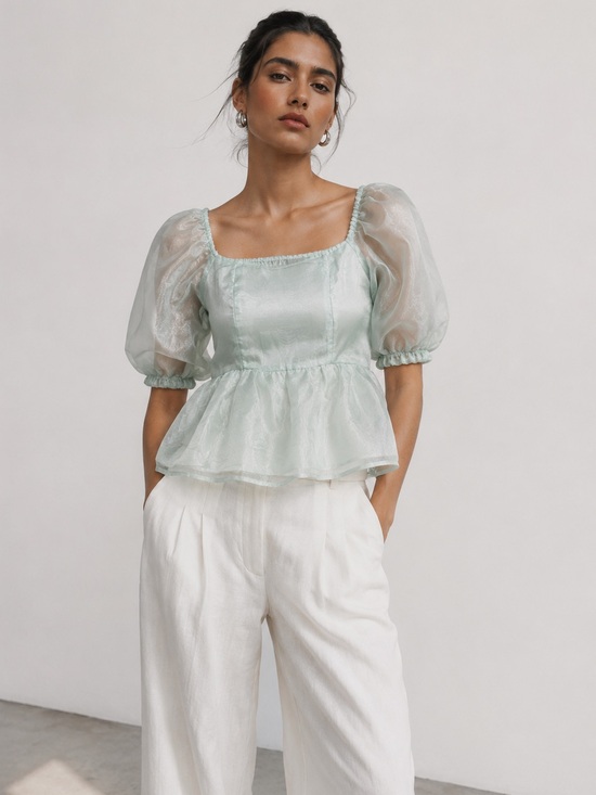 Japna Tops - Japna Mint Green Puff Sleeve Smocked Peplum Top - Size M